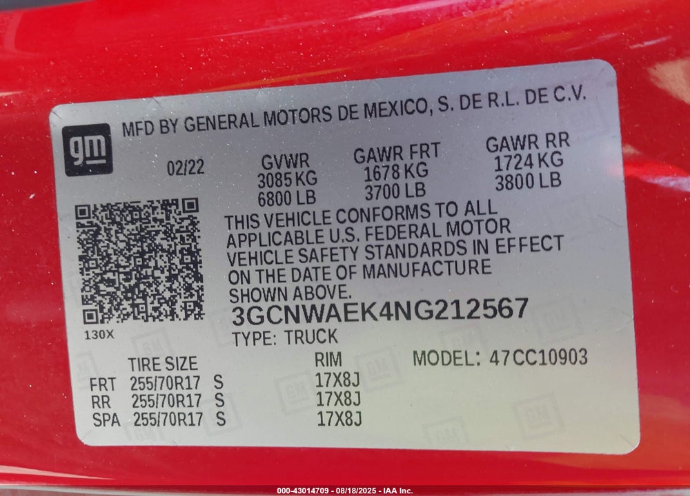 2022 CHEVROLET SILVERADO 1500 LTD 2WD  LONG BED WT VIN: 3GCNWAEK4NG212567