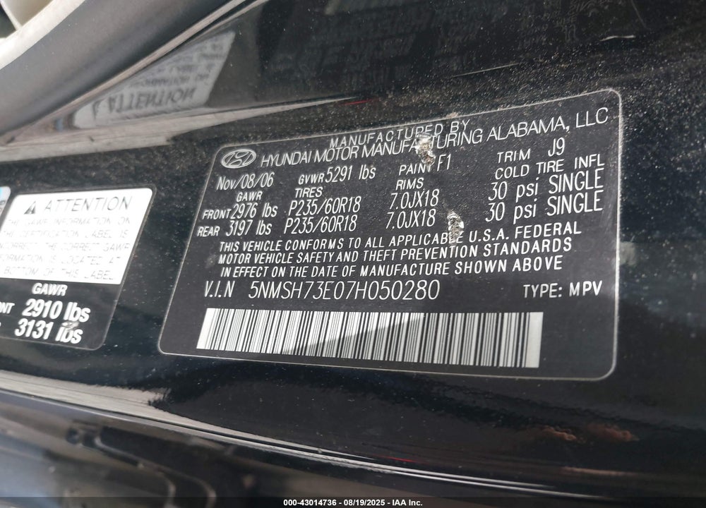 2007 HYUNDAI SANTA FE VIN: 5NMSH73E07H050280