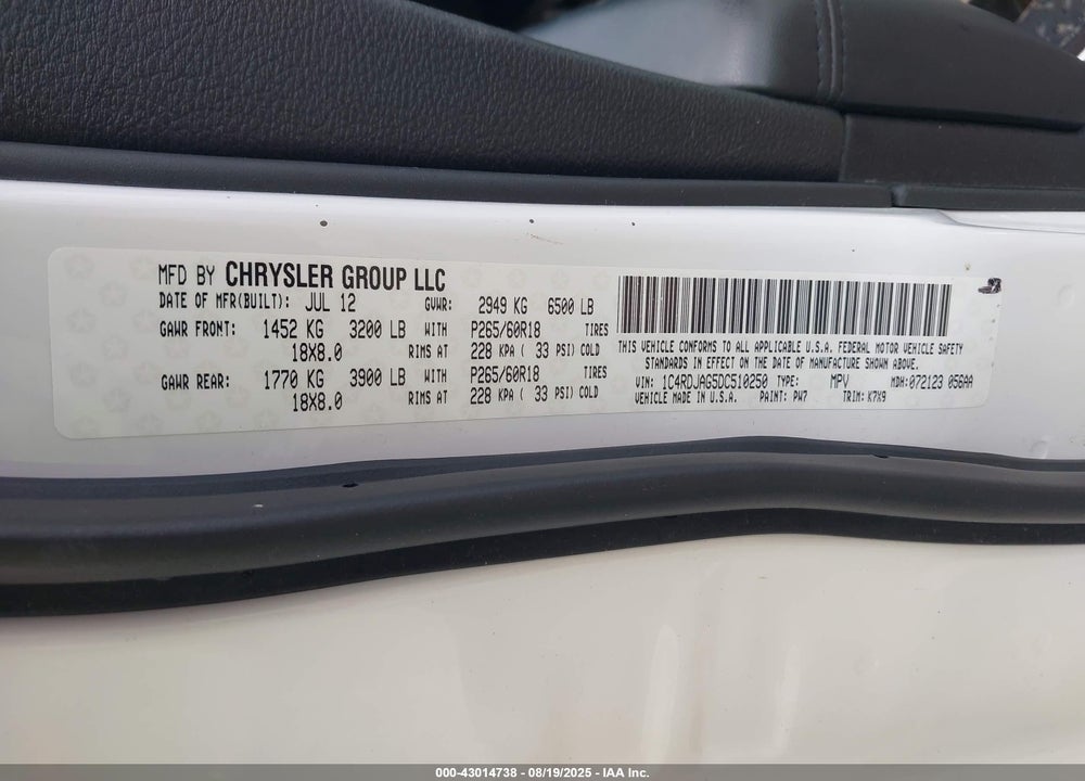 2013 DODGE DURANGO VIN: 1C4RDJAG5DC510250