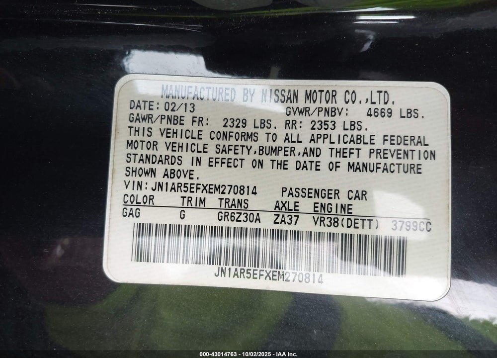 2014 NISSAN GT-R BLACK EDITION VIN: JN1AR5EFXEM270814