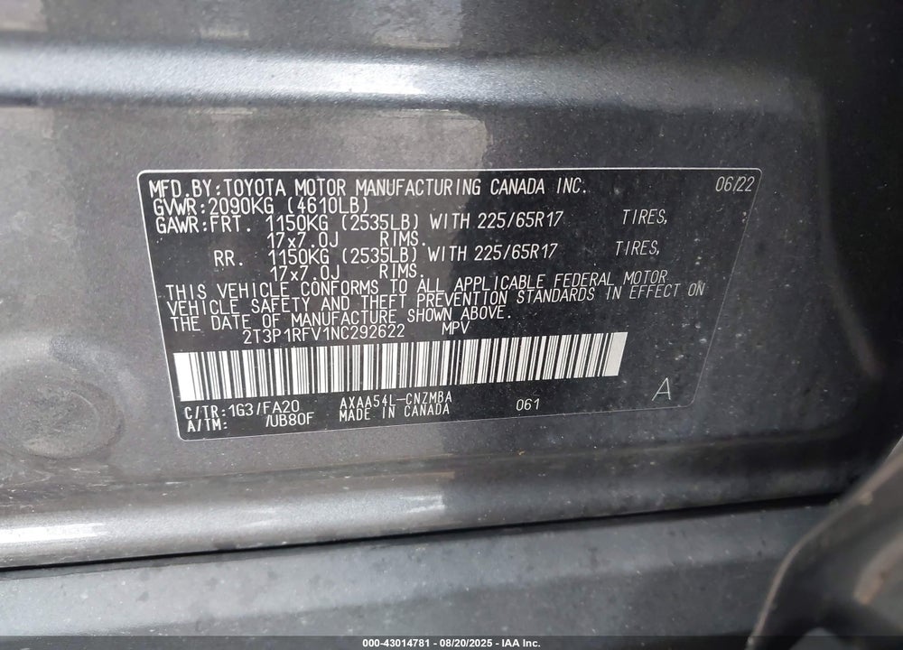 2022 TOYOTA RAV4 VIN: 2T3P1RFV1NC292622