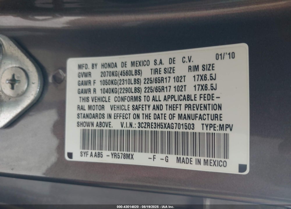 2010 HONDA CR-V EX VIN: 3CZRE3H5XAG701503