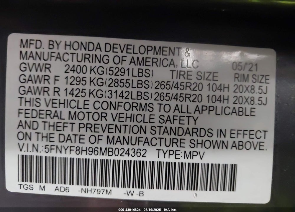 2021 HONDA PASSPORT VIN: 5FNYF8H96MB024362