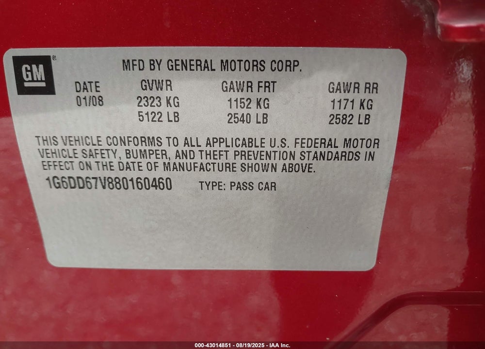 2008 CADILLAC STS VIN: 1G6DD67V880160460