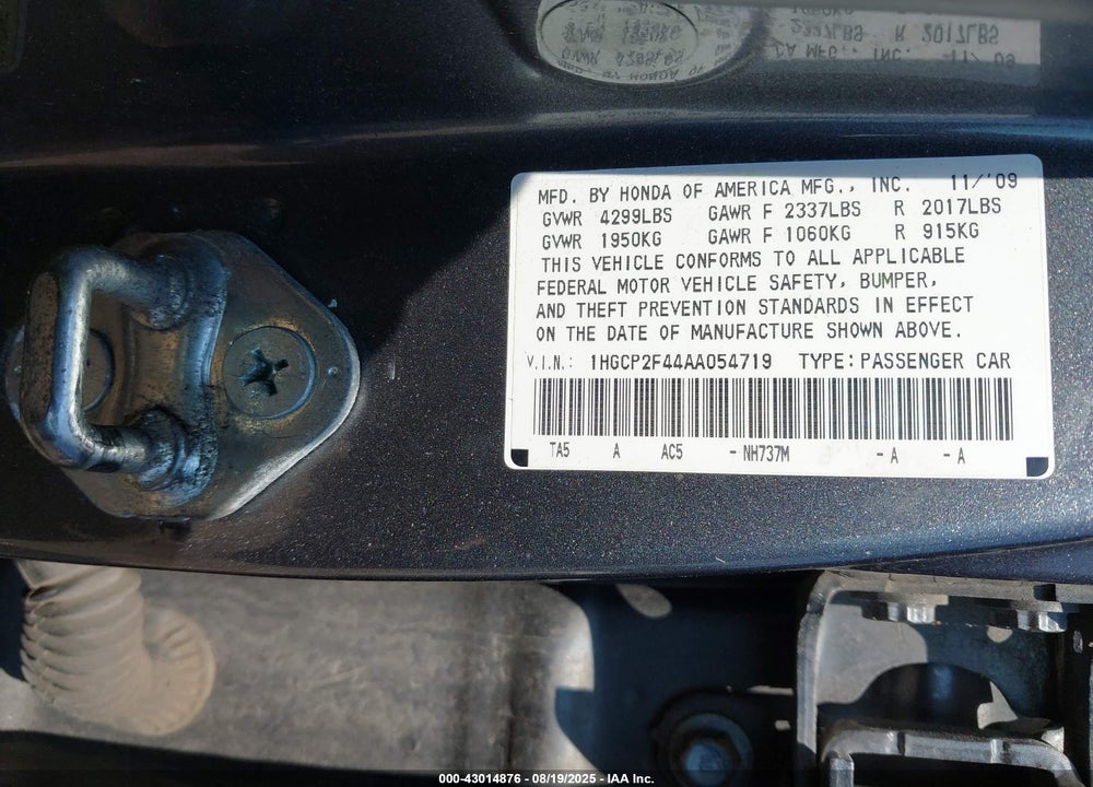 2010 HONDA ACCORD VIN: 1HGCP2F44AA054719