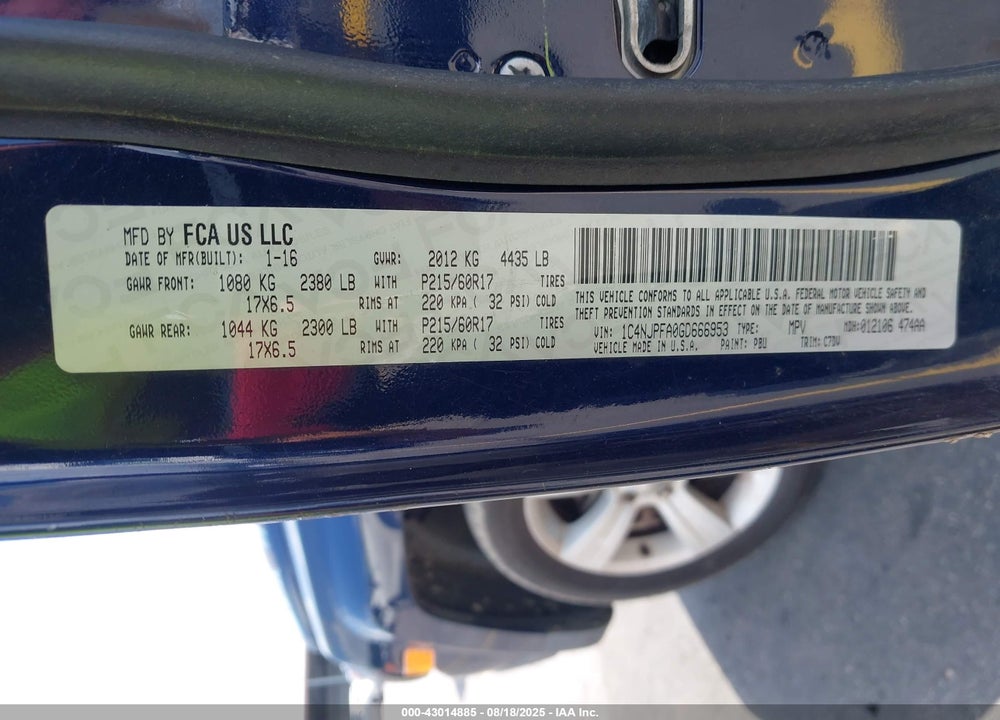 2016 JEEP PATRIOT VIN: 1C4NJPFA0GD666953