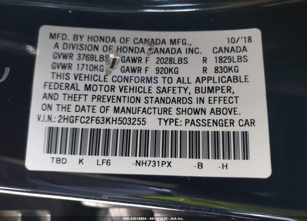 2019 HONDA CIVIC VIN: 2HGFC2F63KH503255