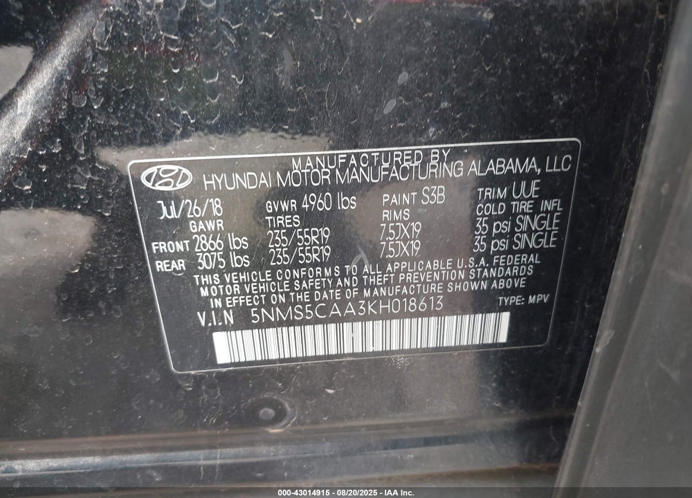 2019 HYUNDAI SANTA FE VIN: 5NMS5CAA3KH018613
