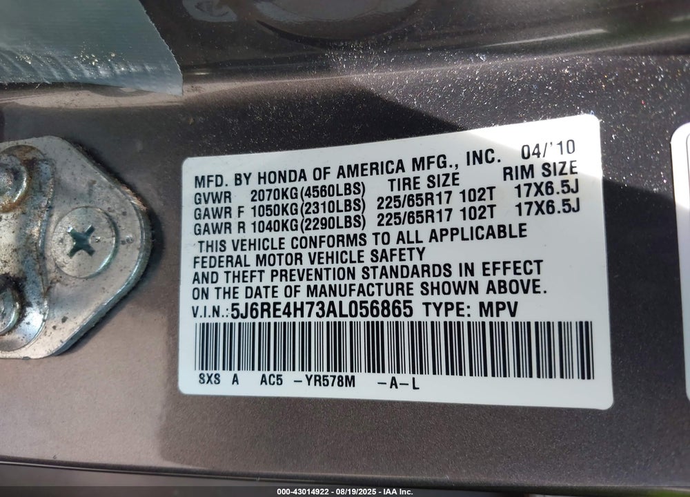2010 HONDA CR-V VIN: 5J6RE4H73AL056865