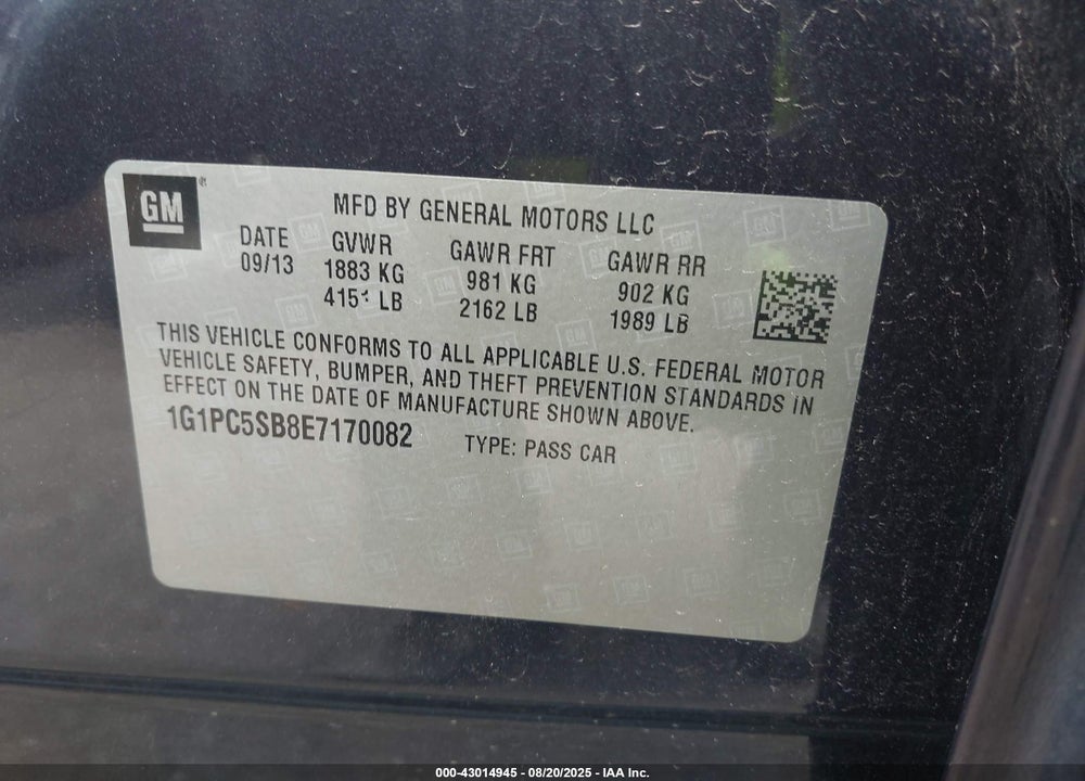 2014 CHEVROLET CRUZE VIN: 1G1PC5SB8E7170082
