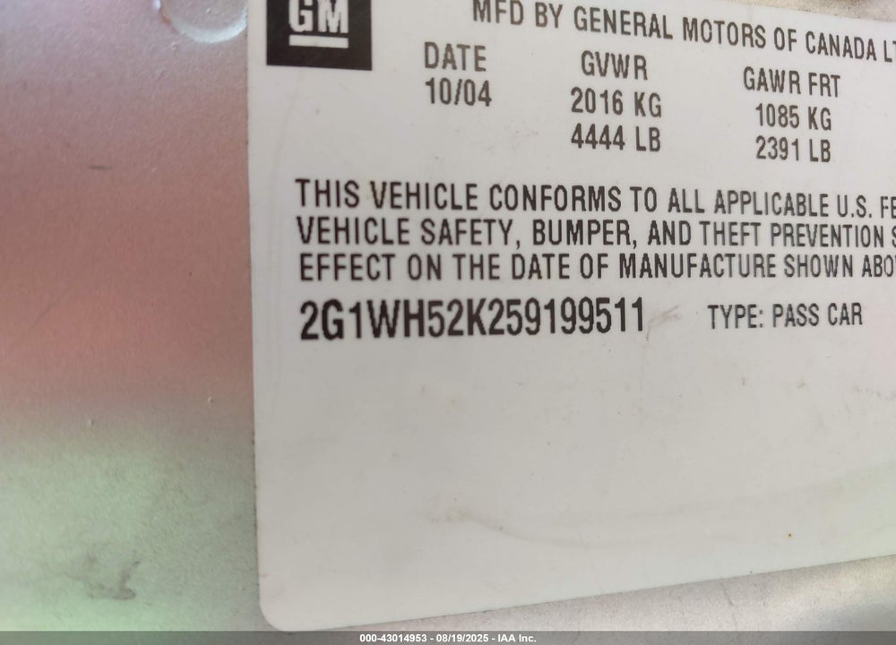 2005 CHEVROLET IMPALA LS VIN: 2G1WH52K259199511