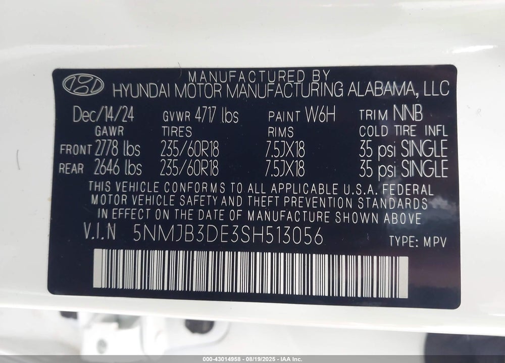 2025 HYUNDAI TUCSON VIN: 5NMJB3DE3SH513056