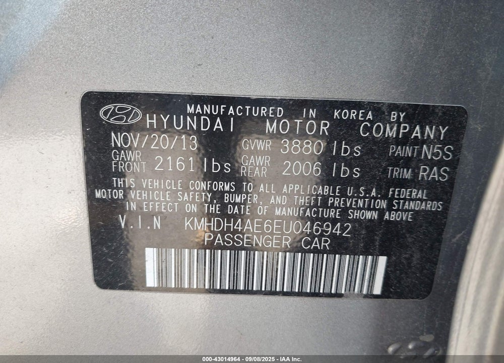 2014 HYUNDAI ELANTRA VIN: KMHDH4AE6EU046942