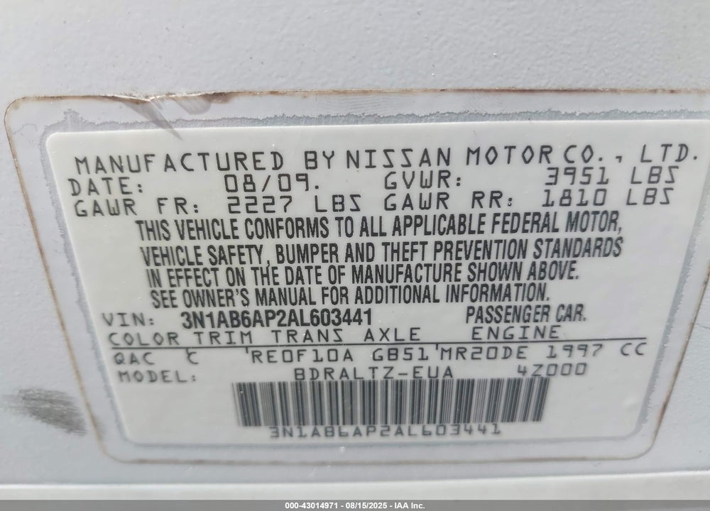 2010 NISSAN SENTRA 2.0S VIN: 3N1AB6AP2AL603441