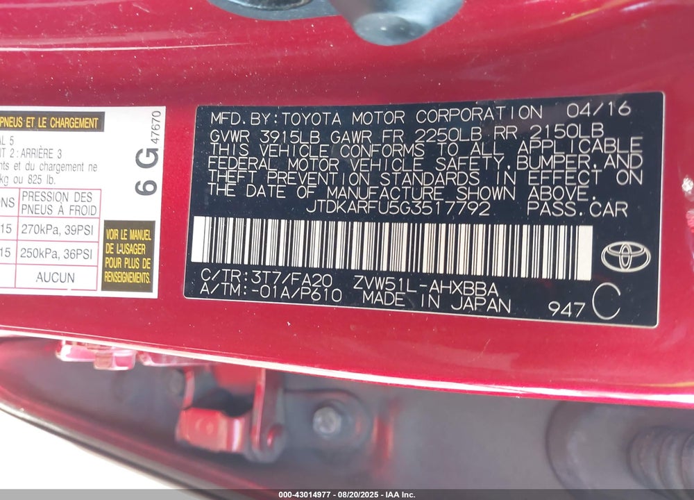 2016 TOYOTA PRIUS VIN: JTDKARFU5G3517792