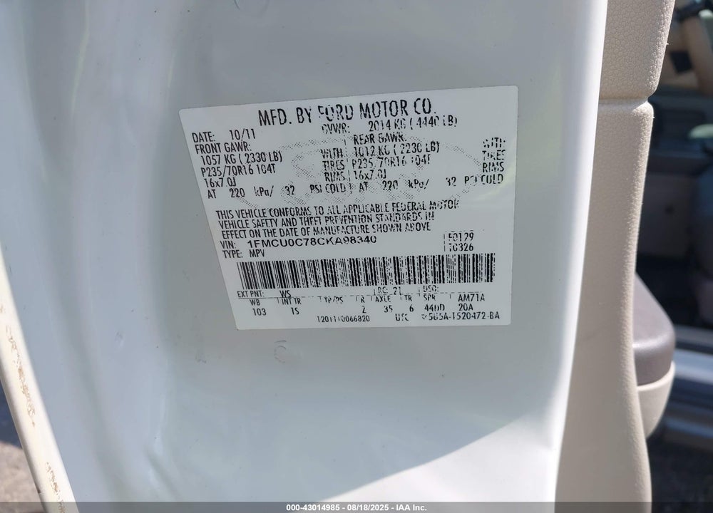 2012 FORD ESCAPE XLS VIN: 1FMCU0C78CKA98340