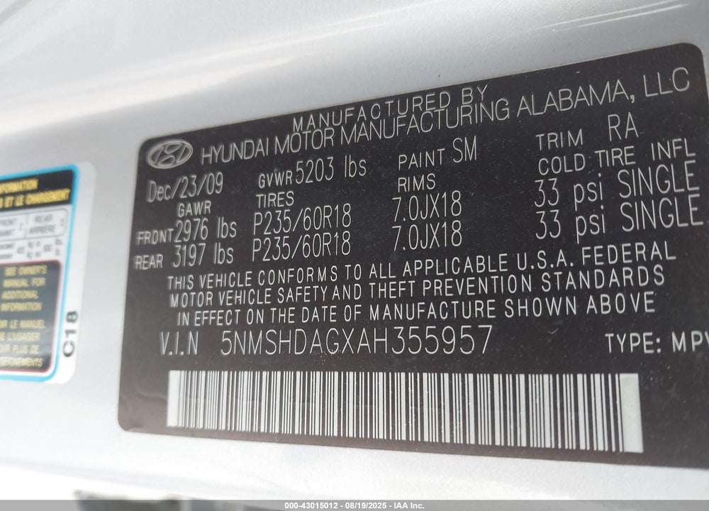 2010 HYUNDAI SANTA FE VIN: 5NMSHDAGXAH355957