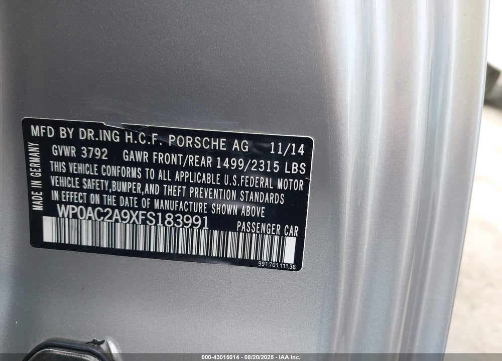 2015 PORSCHE 911 VIN: WP0AC2A9XFS183991
