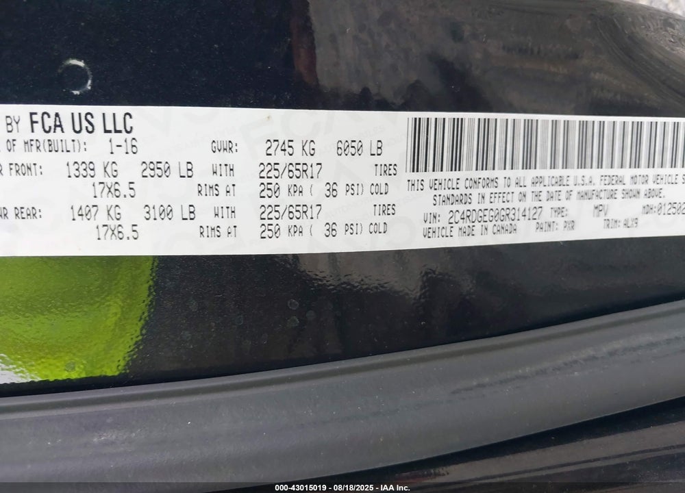 2016 DODGE GRAND CARAVAN R/T VIN: 2C4RDGEG0GR314127