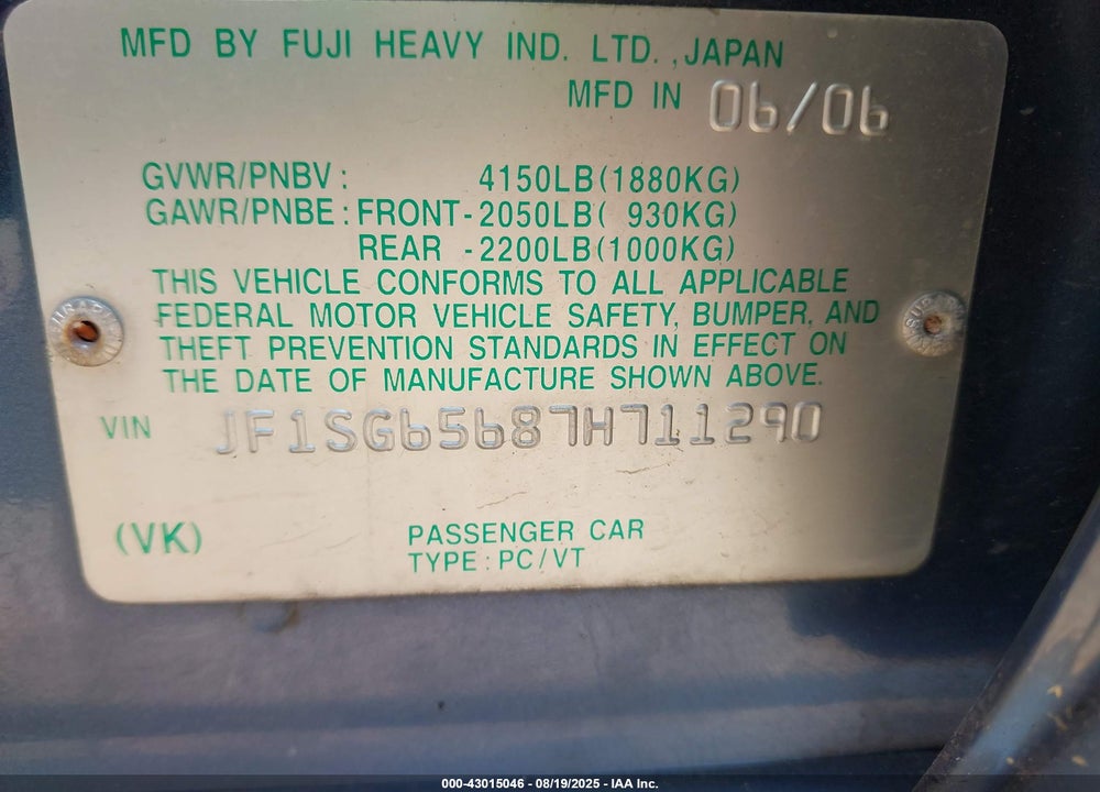 2007 SUBARU FORESTER 2.5X VIN: JF1SG65687H711290