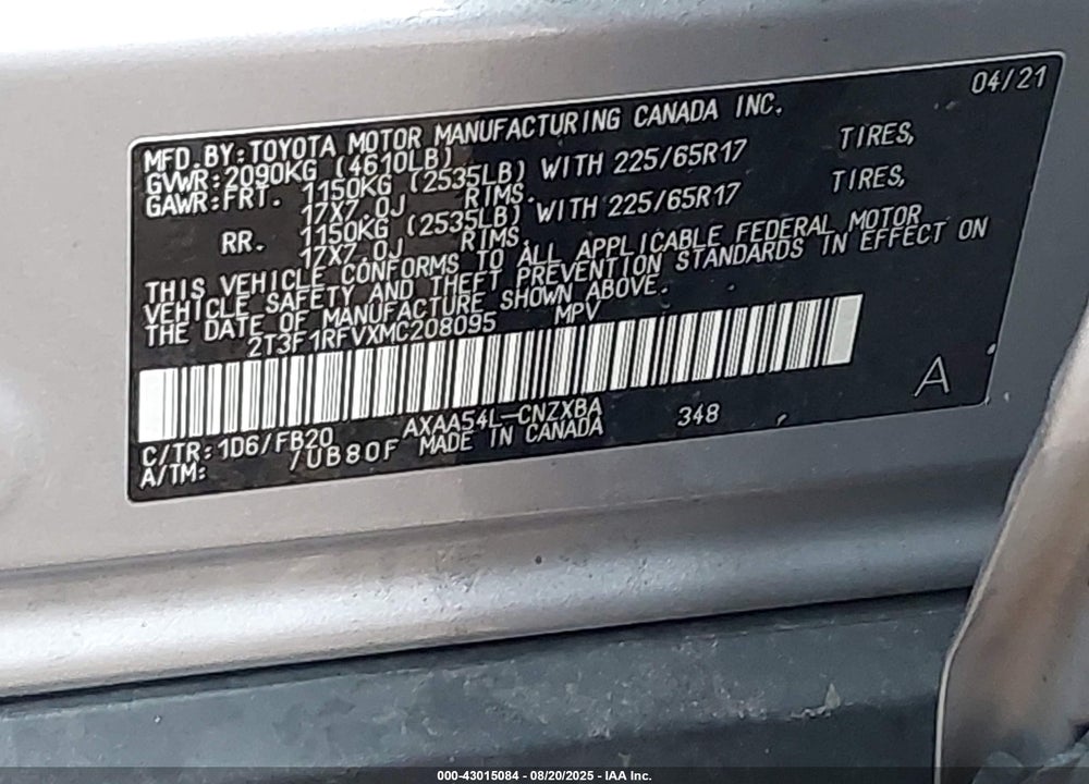2021 TOYOTA RAV4 VIN: 2T3F1RFVXMC208095