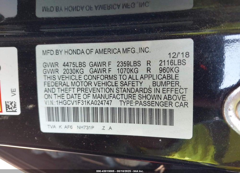 2019 HONDA ACCORD VIN: 1HGCV1F31KA024747