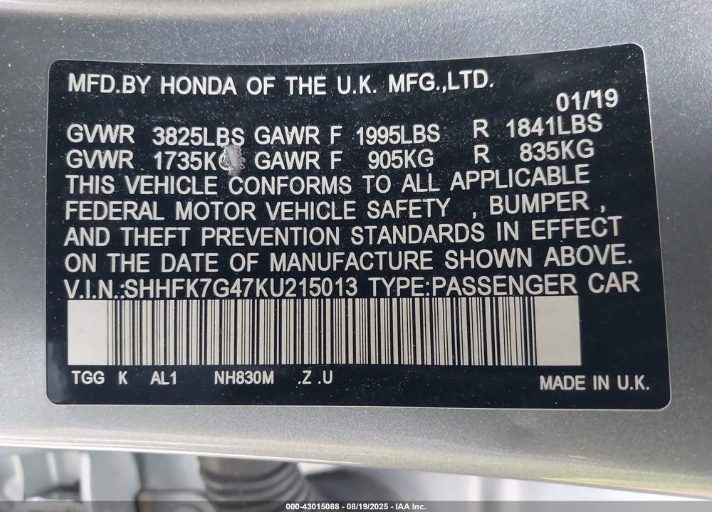 2019 HONDA CIVIC VIN: SHHFK7G47KU215013