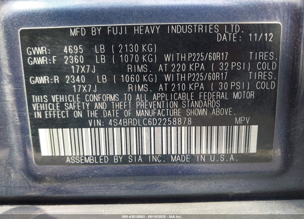 2013 SUBARU OUTBACK VIN: 4S4BRDLC6D2258878