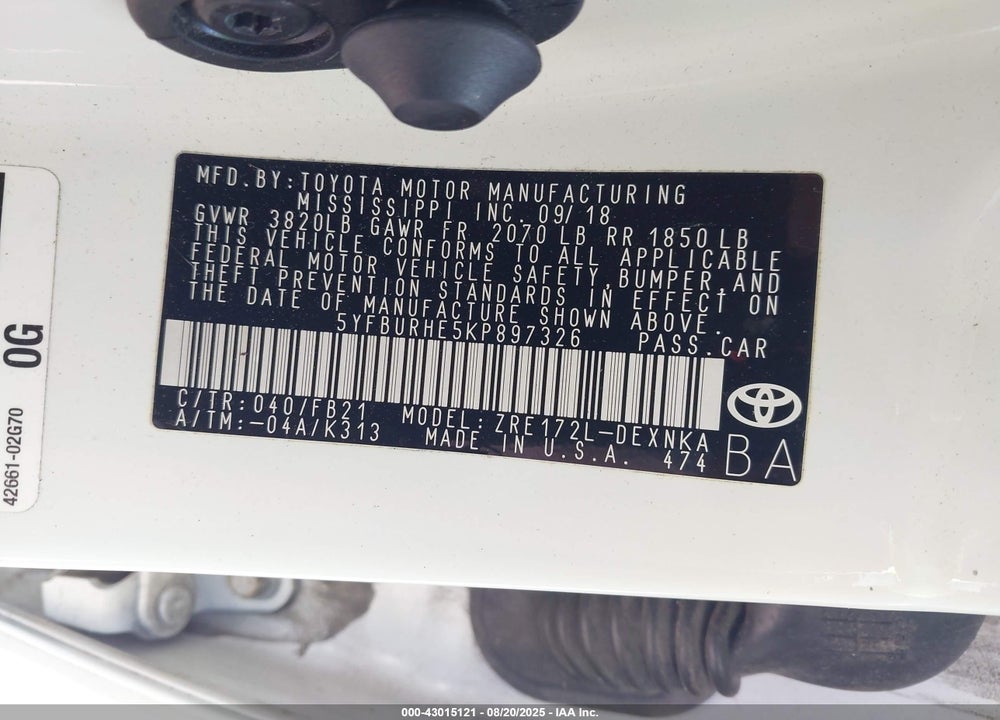 2019 TOYOTA COROLLA VIN: 5YFBURHE5KP897326