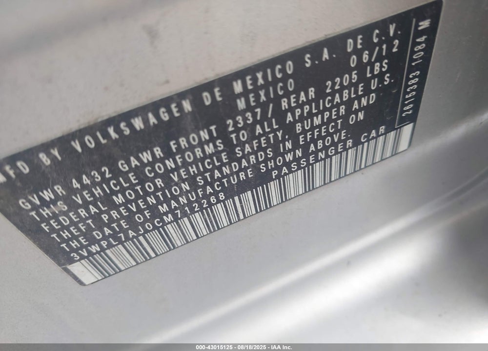 2012 VOLKSWAGEN JETTA VIN: 3VWPL7AJ0CM712268