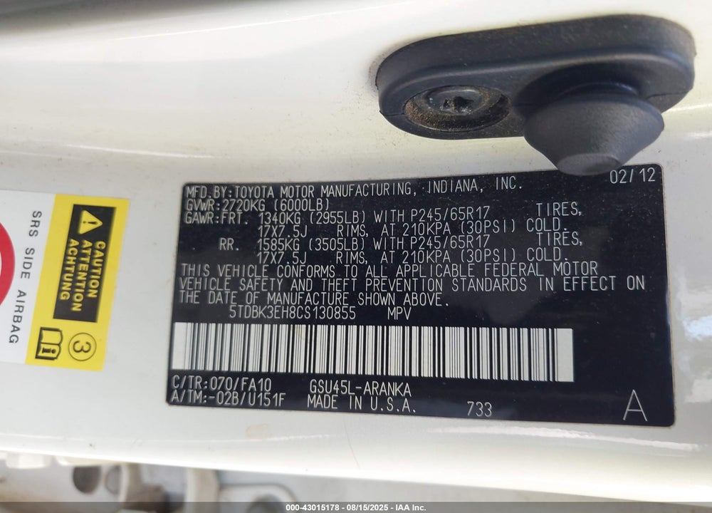 2012 TOYOTA HIGHLANDER VIN: 5TDBK3EH8CS130855