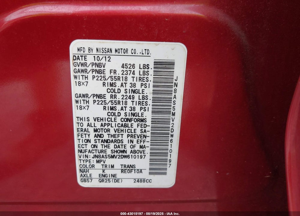 2013 NISSAN ROGUE VIN: JN8AS5MV2DW610197