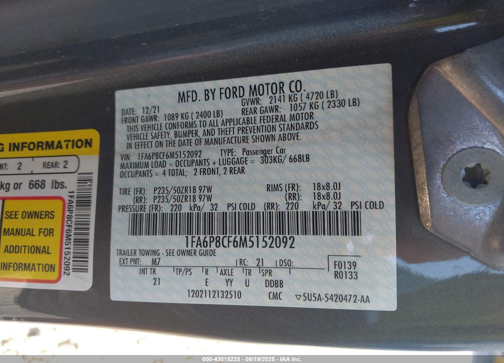 2021 FORD MUSTANG VIN: 1FA6P8CF6M5152092