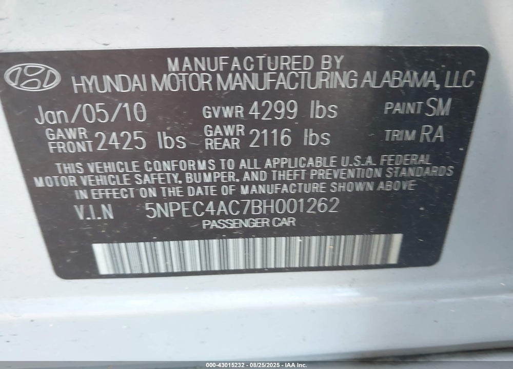 2011 HYUNDAI SONATA VIN: 5NPEC4AC7BH001262