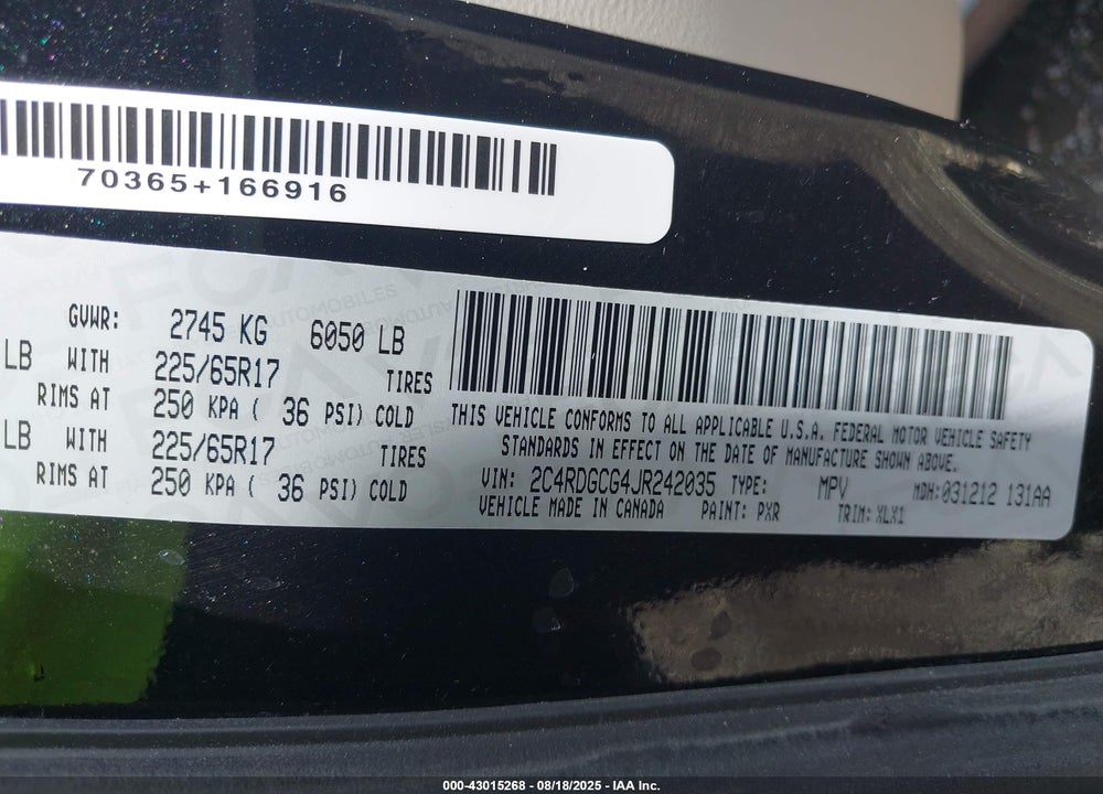 2018 DODGE GRAND CARAVAN SXT VIN: 2C4RDGCG4JR242035