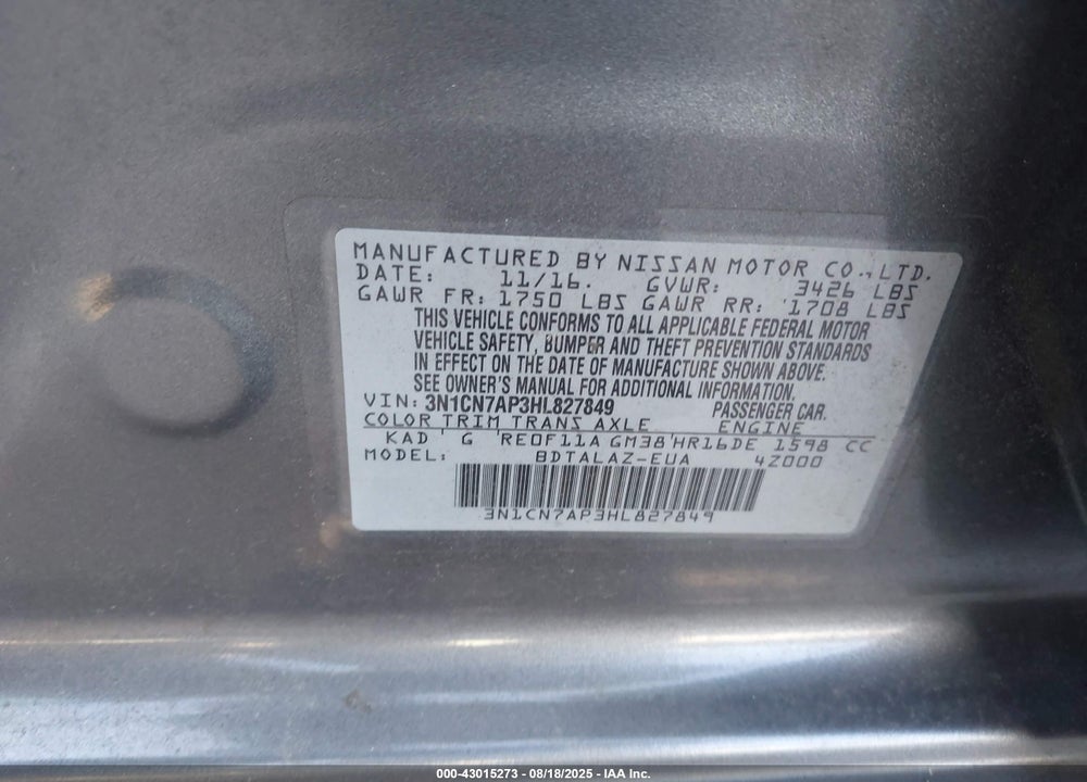 2017 NISSAN VERSA VIN: 3N1CN7AP3HL827849
