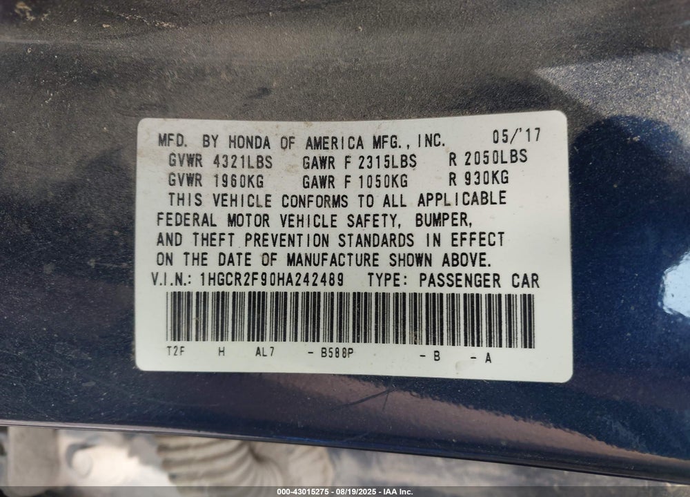 2017 HONDA ACCORD VIN: 1HGCR2F90HA242489