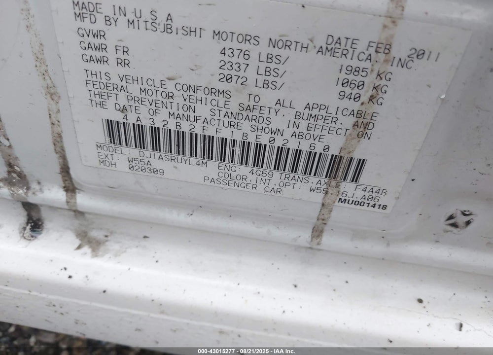 2011 MITSUBISHI GALANT VIN: 4A32B2FF1BE021601
