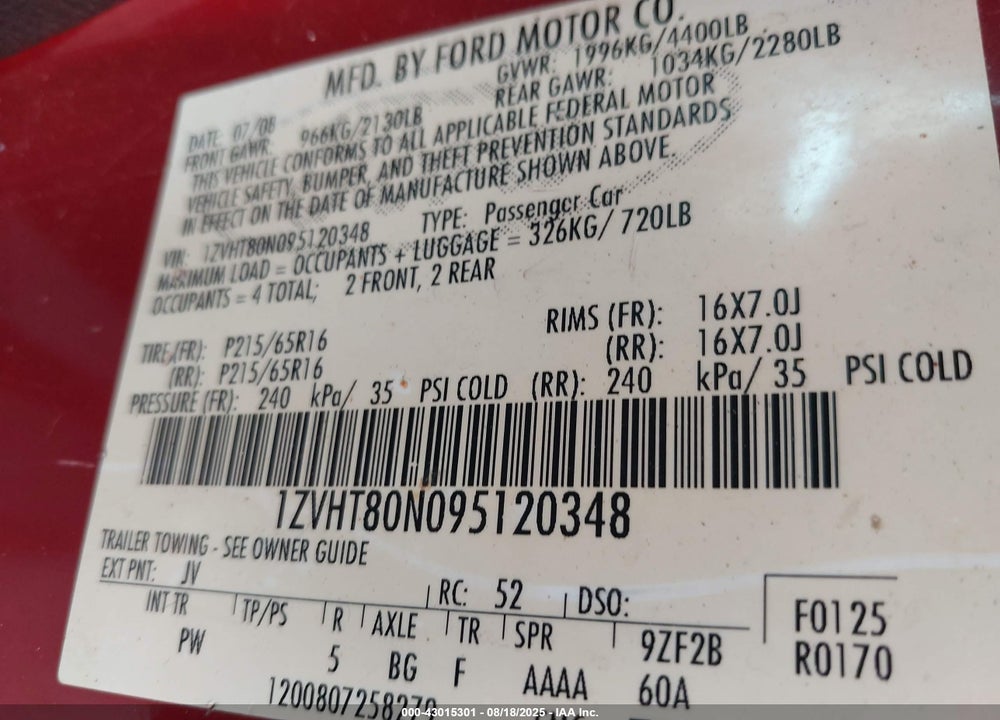 2009 FORD MUSTANG VIN: 1ZVHT80N095120348