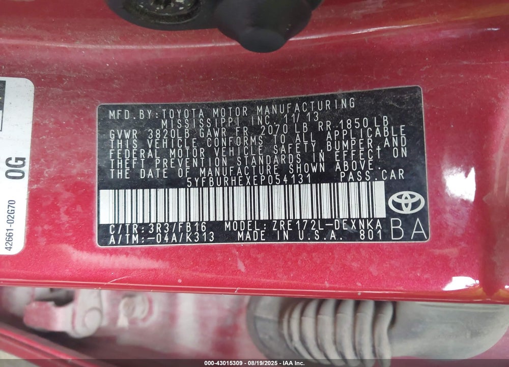 2014 TOYOTA COROLLA VIN: 5YFBURHEXEP054131