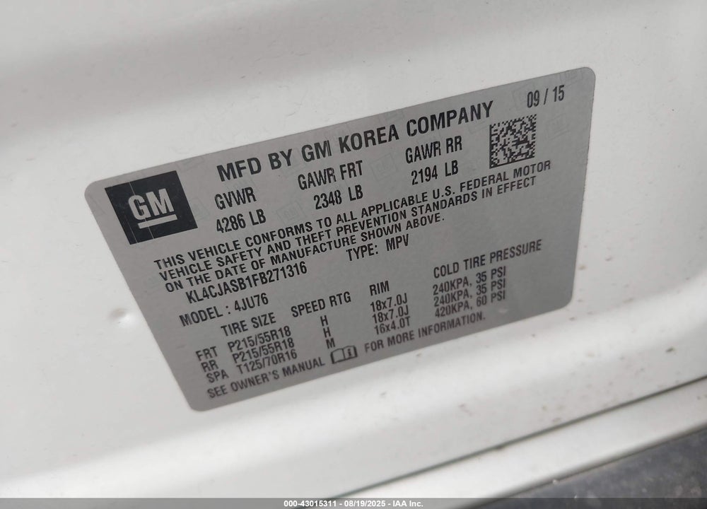 2015 BUICK ENCORE VIN: KL4CJASB1FB271316