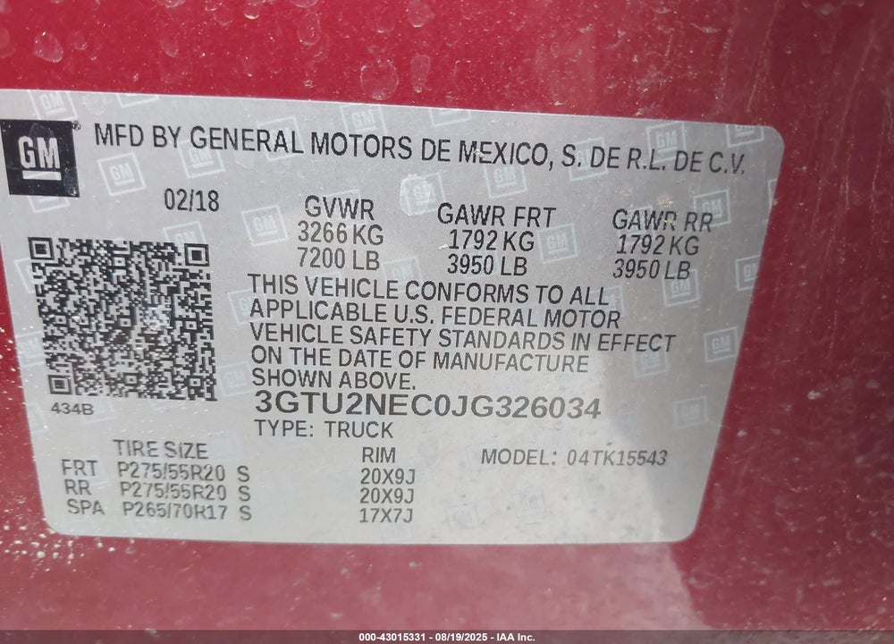 2018 GMC SIERRA 1500 VIN: 3GTU2NEC0JG326034