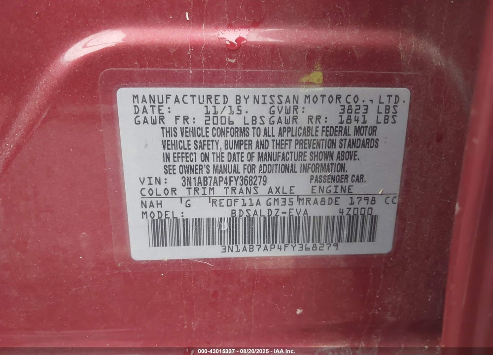 2015 NISSAN SENTRA VIN: 3N1AB7AP4FY368279