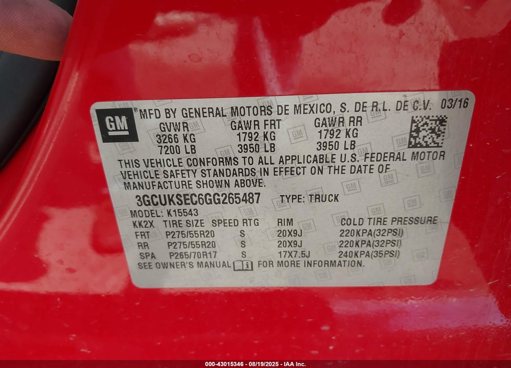 2016 CHEVROLET SILVERADO 1500 1LZ VIN: 3GCUKSEC6GG265487
