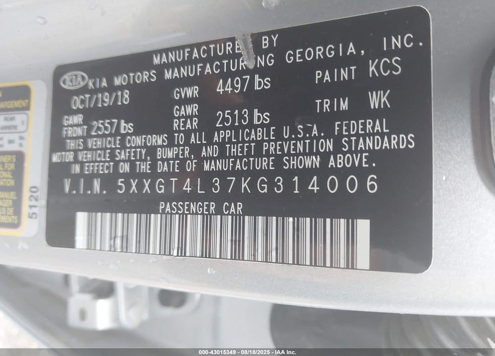 2019 KIA OPTIMA VIN: 5XXGT4L37KG314006