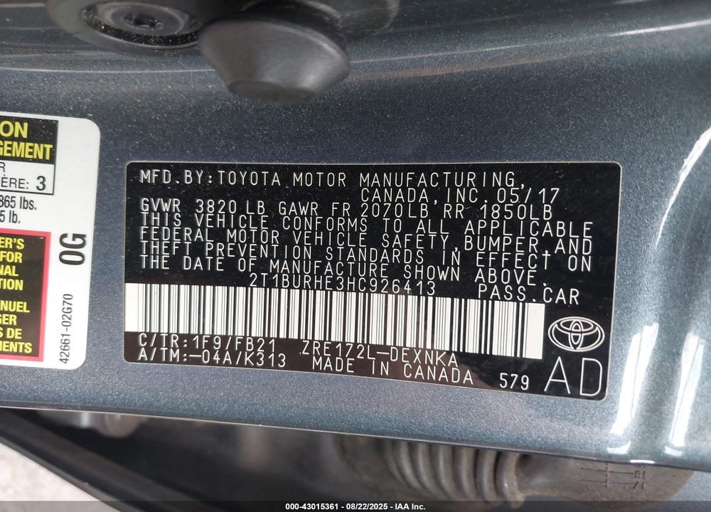 2017 TOYOTA COROLLA LE VIN: 2T1BURHE3HC926413