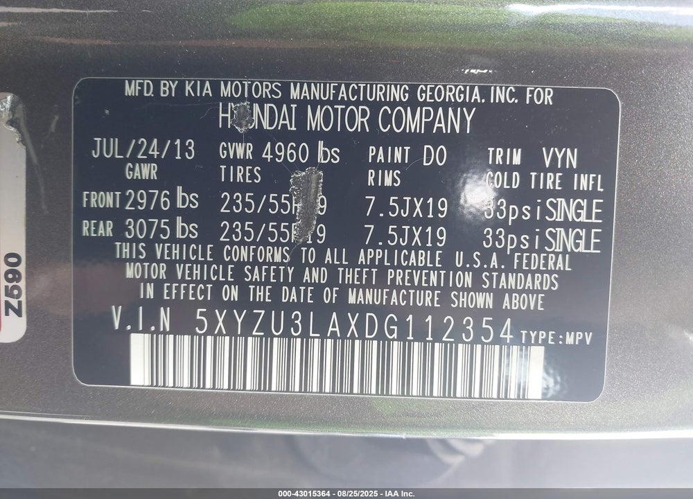 2013 HYUNDAI SANTA FE VIN: 5XYZU3LAXDG112354