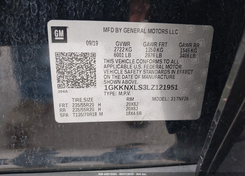 2020 GMC ACADIA VIN: 1GKKNXLS3LZ121951