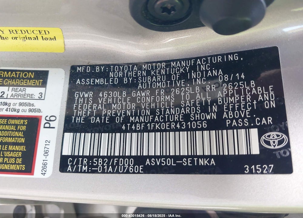 2014 TOYOTA CAMRY VIN: 4T4BF1FK0ER431056