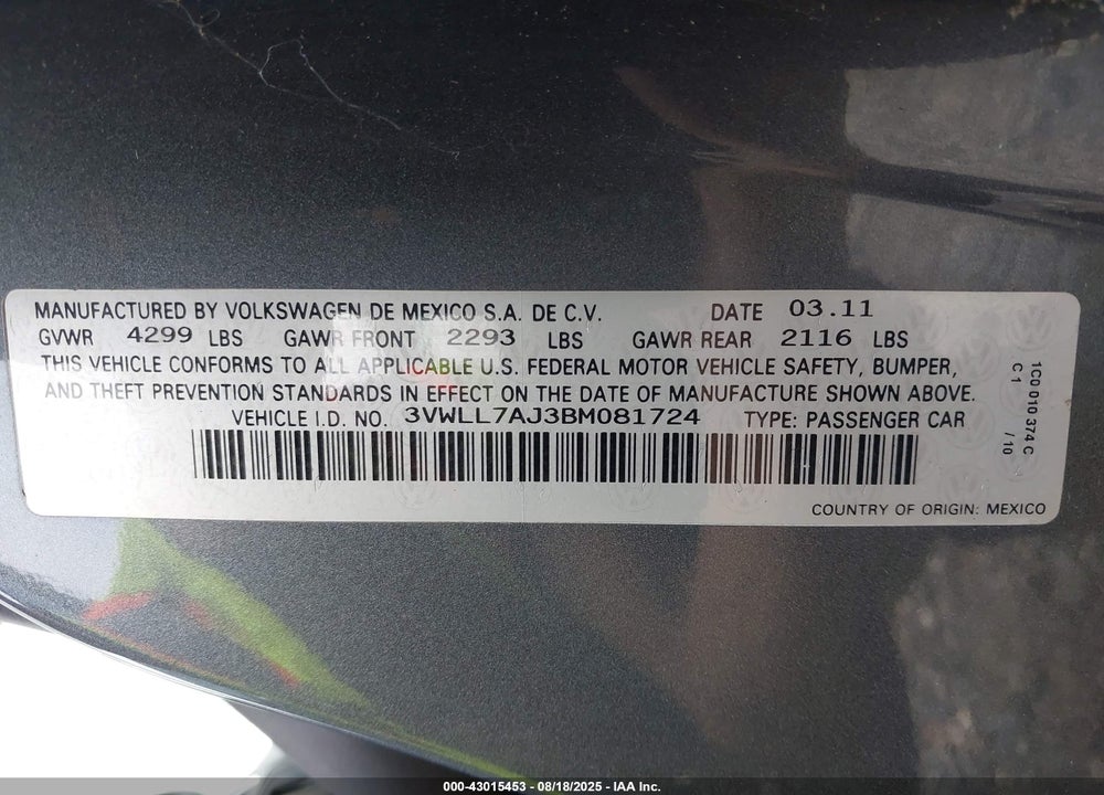 2011 VOLKSWAGEN JETTA VIN: 3VWLL7AJ3BM081724